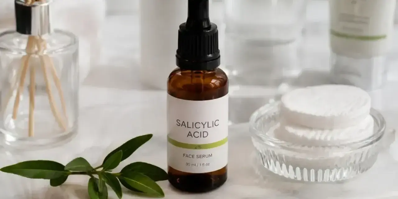 Serum z kwasem salicylowym na niedoskonałości skóry. W buteleczce z pipetą, obok wacików i gałązki.