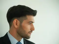 Mężczyzna z eleganckim quiffem i zarostem, w garniturze i krawacie, patrzy w bok.