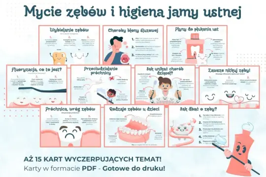 Ilustracja edukacyjna o higienie jamy ustnej: mycie, nitkowanie, płukanie, zapobieganie próchnicy i chorobom dziąseł.