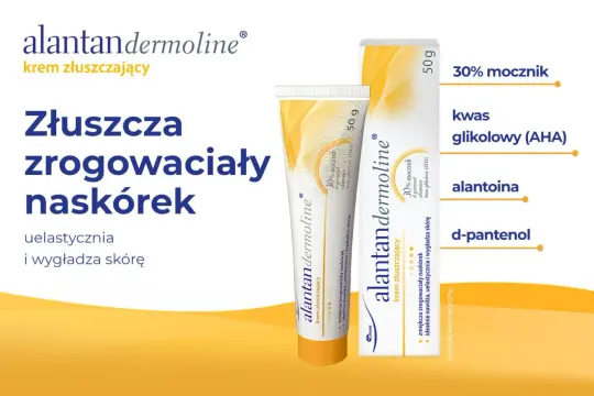 Alantan Dermoline – krem złuszczający, który zmiękcza zrogowaciały naskórek, nawilża, uelastycznia i wygładza skórę. Zawiera 30% mocznik.