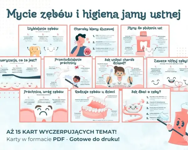 Ilustracja edukacyjna o higienie jamy ustnej: mycie, nitkowanie, płukanie, zapobieganie próchnicy i chorobom dziąseł.