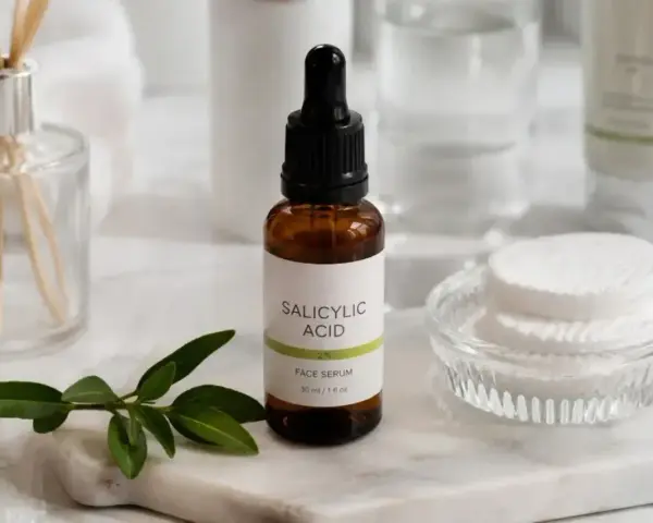 Serum z kwasem salicylowym na niedoskonałości skóry. W buteleczce z pipetą, obok wacików i gałązki.
