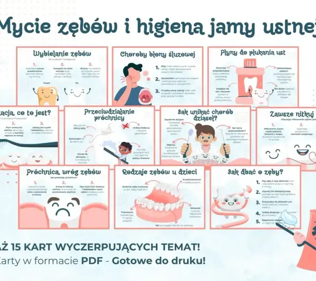 Ilustracja edukacyjna o higienie jamy ustnej: mycie, nitkowanie, płukanie, zapobieganie próchnicy i chorobom dziąseł.