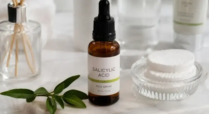 Serum z kwasem salicylowym na niedoskonałości skóry. W buteleczce z pipetą, obok wacików i gałązki.