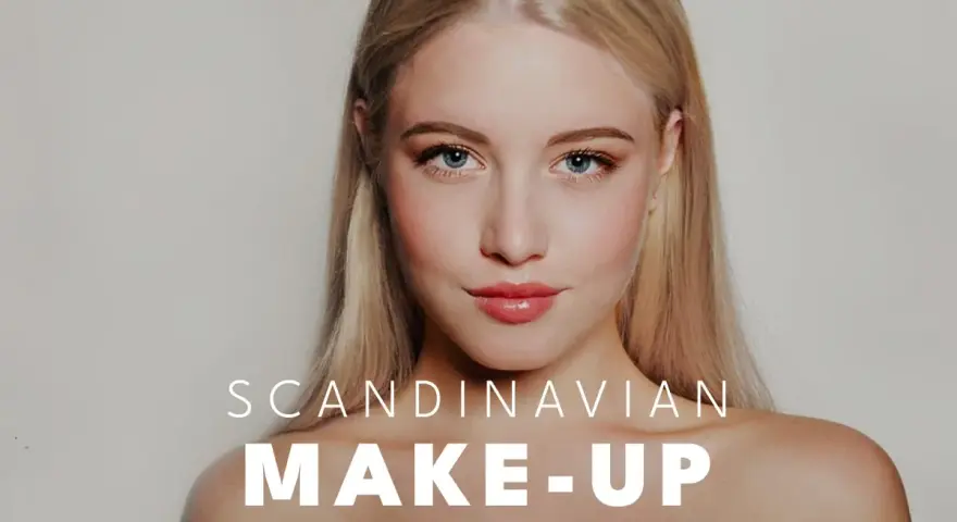 Blondynka z błękitnymi oczami prezentuje subtelny makijaż, podkreślający jej skandynawska uroda.