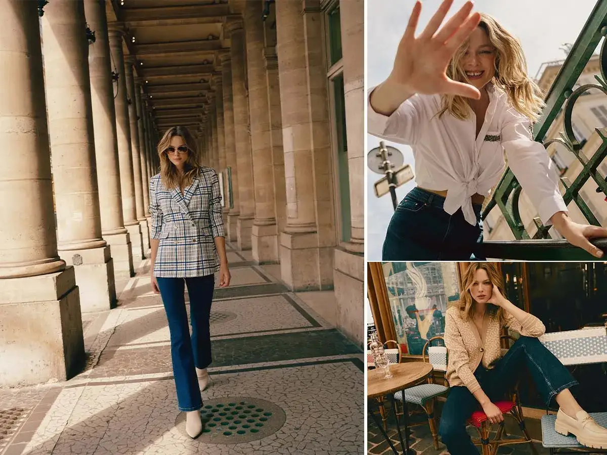 Kobieta w kraciastym żakiecie i jeansach, uosobienie francuskiej mody. Uśmiechnięta dziewczyna w białej koszuli i elegancka dama w beżowym kardiganie.