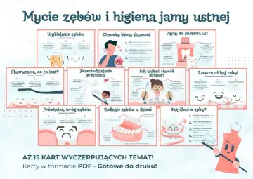 Ilustracja edukacyjna o higienie jamy ustnej: mycie, nitkowanie, płukanie, zapobieganie próchnicy i chorobom dziąseł.