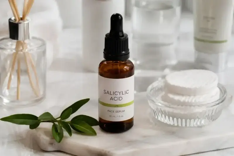 Serum z kwasem salicylowym na niedoskonałości skóry. W buteleczce z pipetą, obok wacików i gałązki.